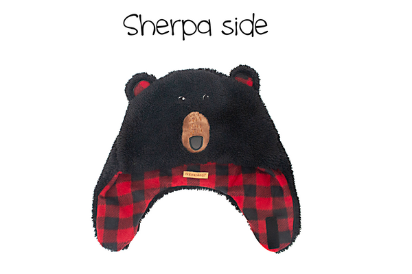Kids & Baby Reversible Sherpa Hat - Black Bear & Monkey