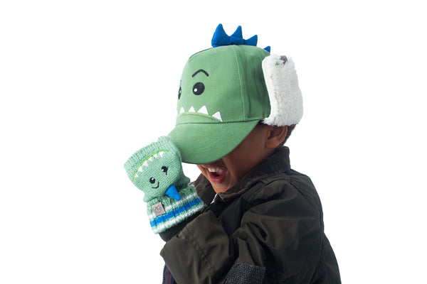 Kids Knitted Fingerless Gloves with Mitten Flaps - Dinosaur